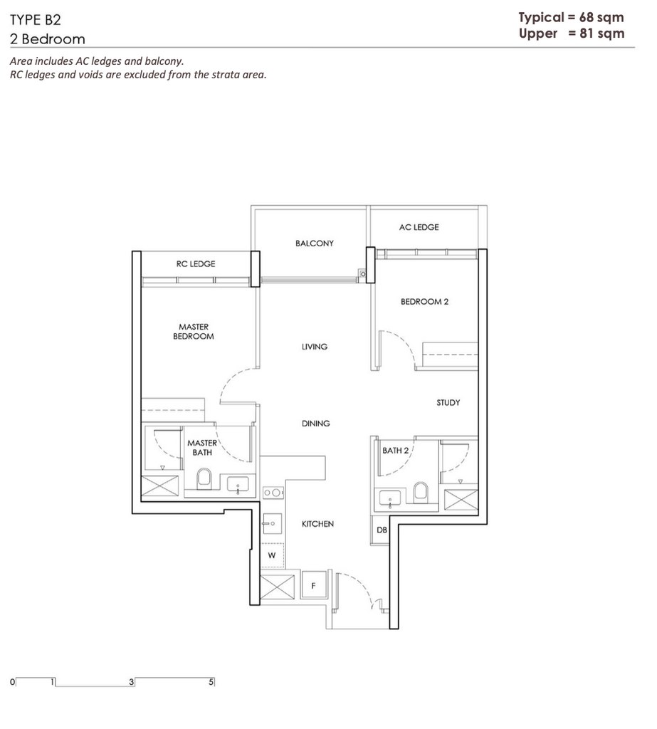 Chuan Park Type B2 floor plan — 2 Bedroom + Study, 68 sqm / 732 sqft