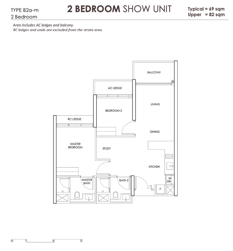 Chuan Park Type B2a floor plan — 2 Bedroom + Study show unit, 69 sqm / 743 sqft