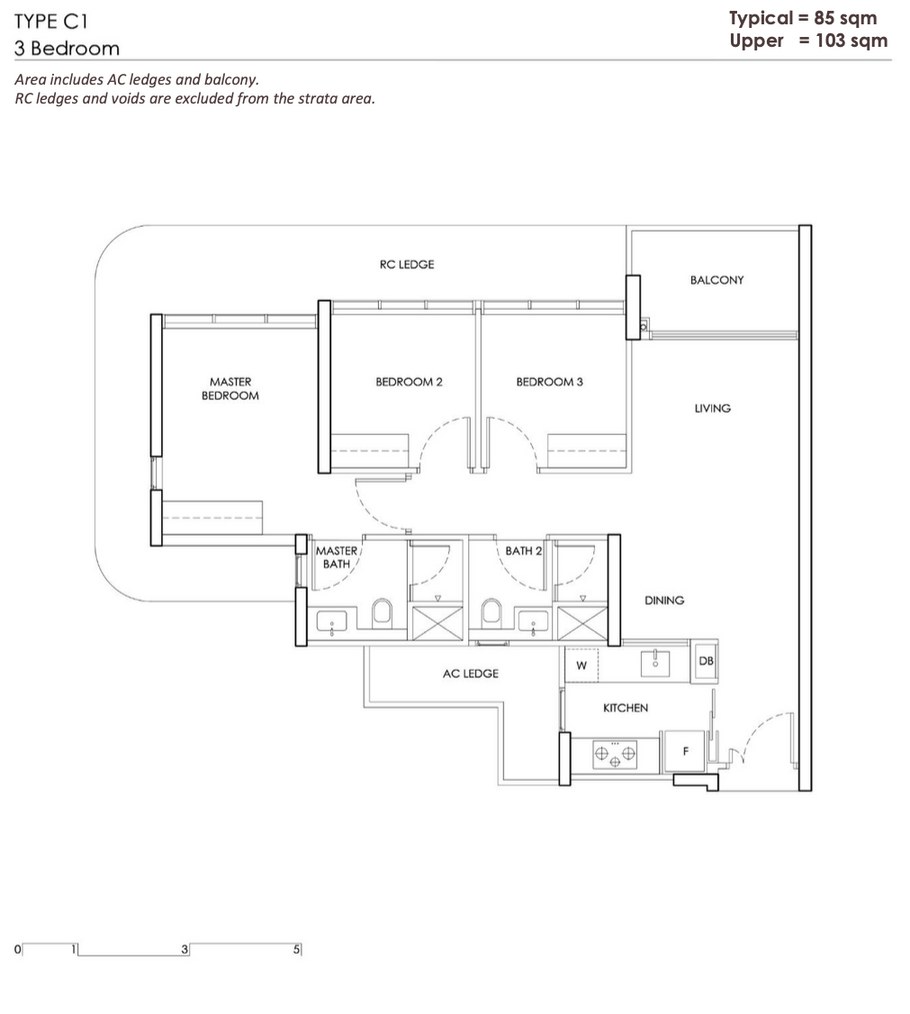 Chuan Park Type C1 floor plan — 3 Bedroom Classic, 85 sqm / 915 sqft