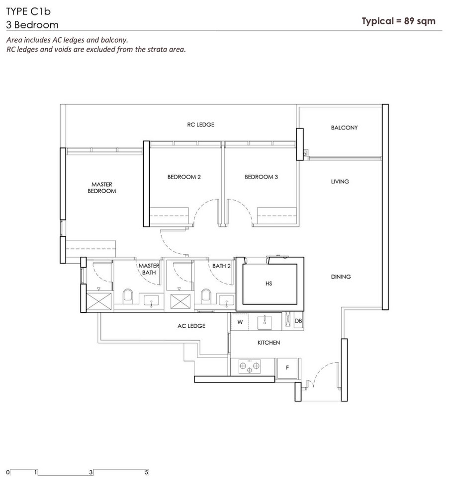Chuan Park Type C1b floor plan — 3 Bedroom Classic, 89 sqm / 958 sqft