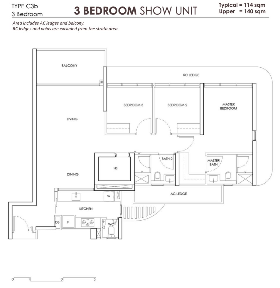 Chuan Park Type C3b floor plan — 3 Bedroom Premium show unit, 114 sqm / 1,227 sqft