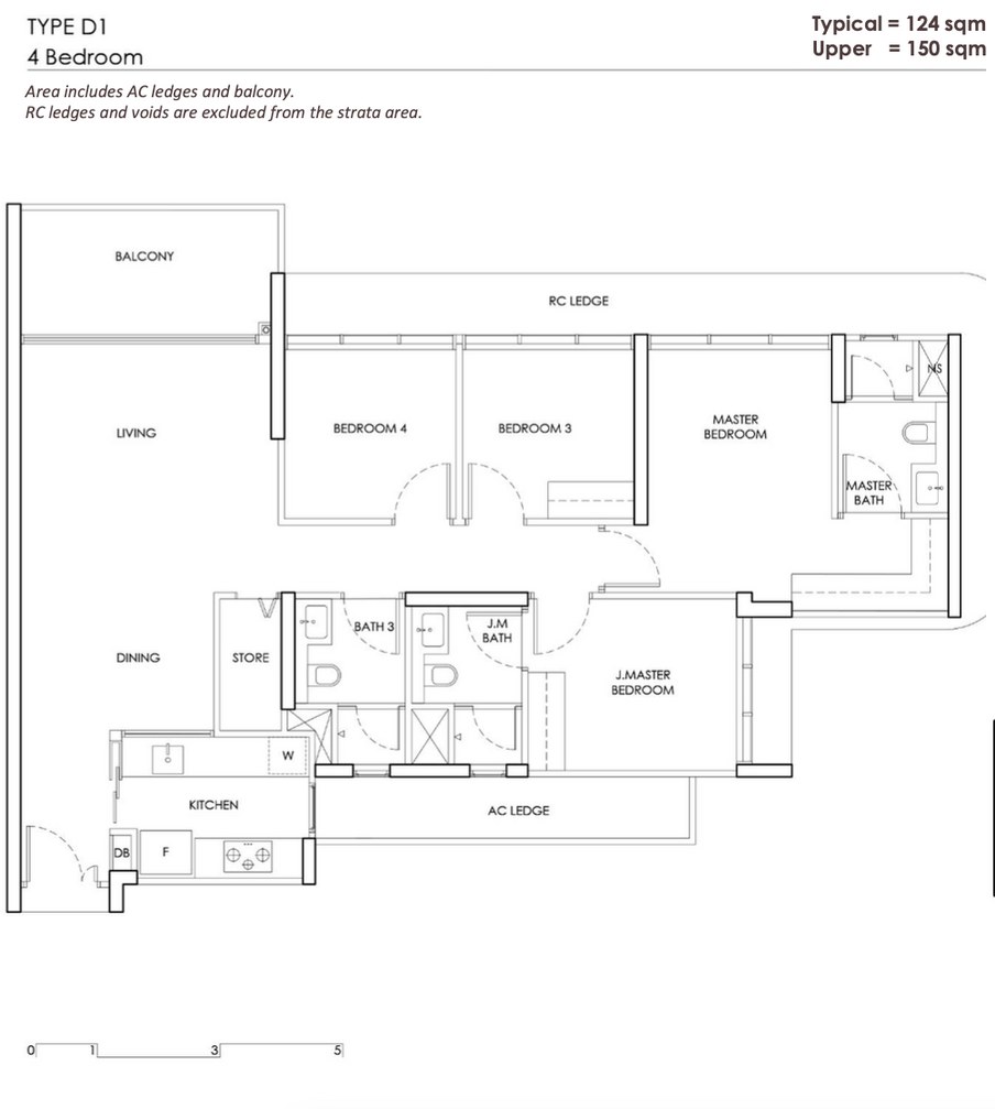 Chuan Park Type D1 floor plan — 4 Bedroom, 124 sqm / 1,335 sqft