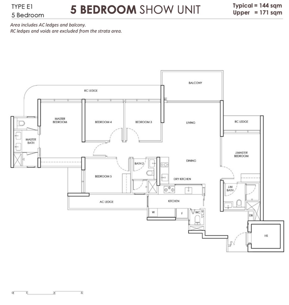 Chuan Park Type E1 floor plan — 5 Bedroom show unit, 144 sqm / 1,550 sqft
