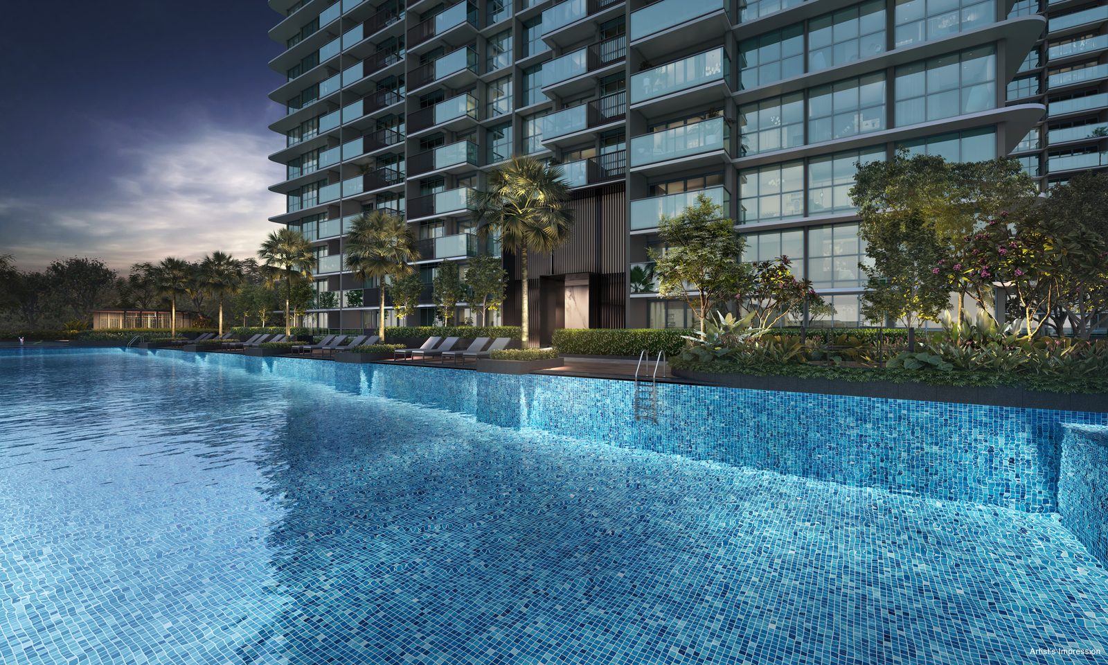 Chuan Park 50-metre lap pool at dusk — artist's impression