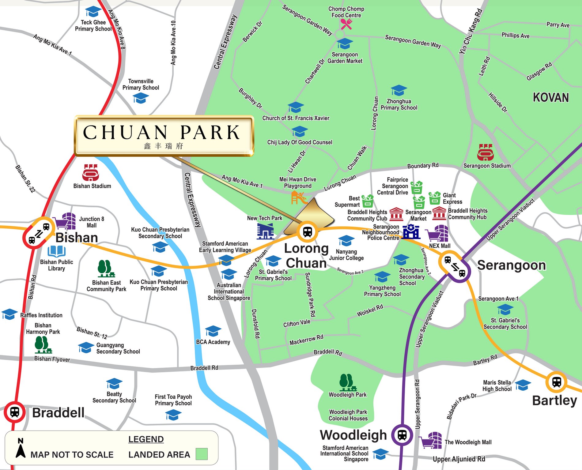 Chuan Park location map — Lorong Chuan MRT, schools, malls and amenities nearby