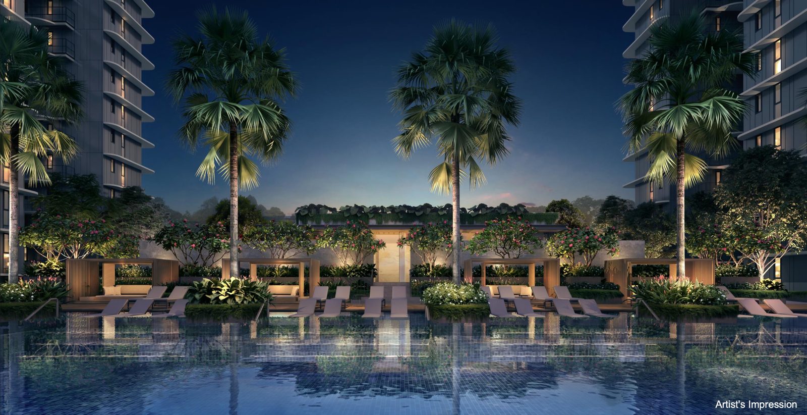 Evening pool and cabanas at Chuan Park — artist's impression