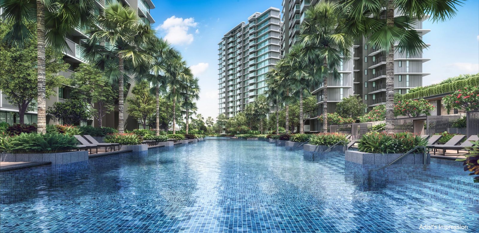 Palm-lined pool walk through the Chuan Park gardens — artist's impression