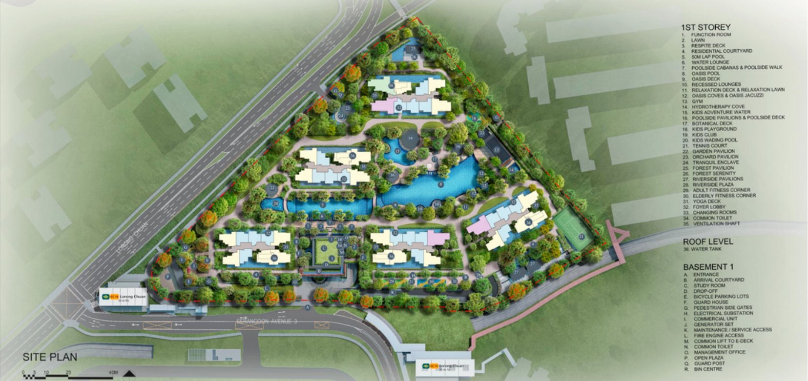 Chuan Park site plan — facilities across 1st storey, roof level and basement