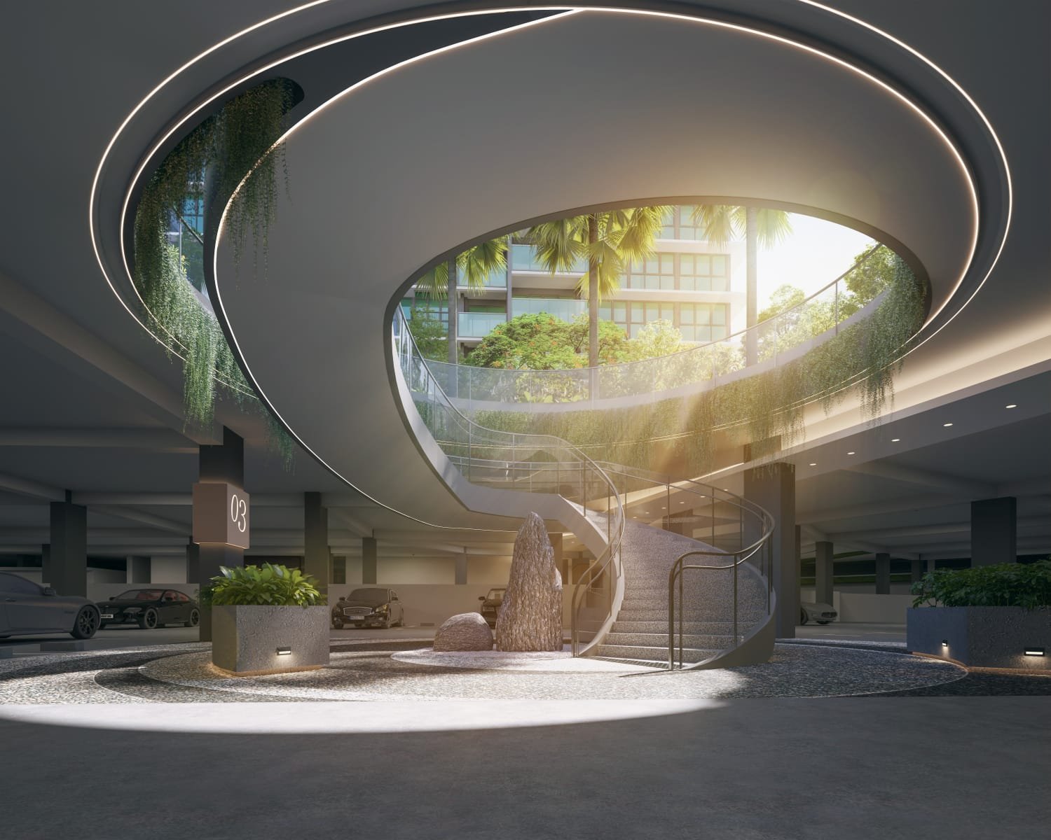 Basement arrival with spiral staircase and garden oculus — artist's impression